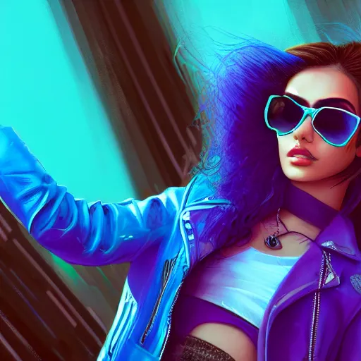 Image similar to closeup painting of a very beautiful young mexican cyberpunk woman with a smirk, wearing light blue shutter shades and a purple coloured leather jacket, one side haircut, long brown hair with light blue ends, portrait, hyperdetailed, artstation, cgsociety, 8 k, synthwave!!! image