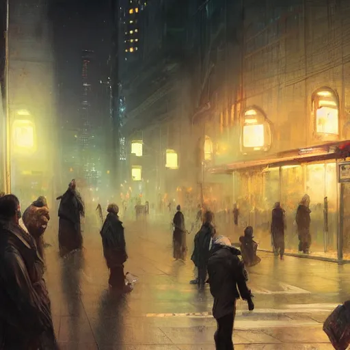 Image similar to a some people waiting in a lone bus stop in quiet dark city night, digital illustration by Ruan Jia and Mandy Jurgens and Artgerm and Wayne Barlowe and Greg Rutkowski and Zdislav Beksinski, high quality, high resolution,detailed