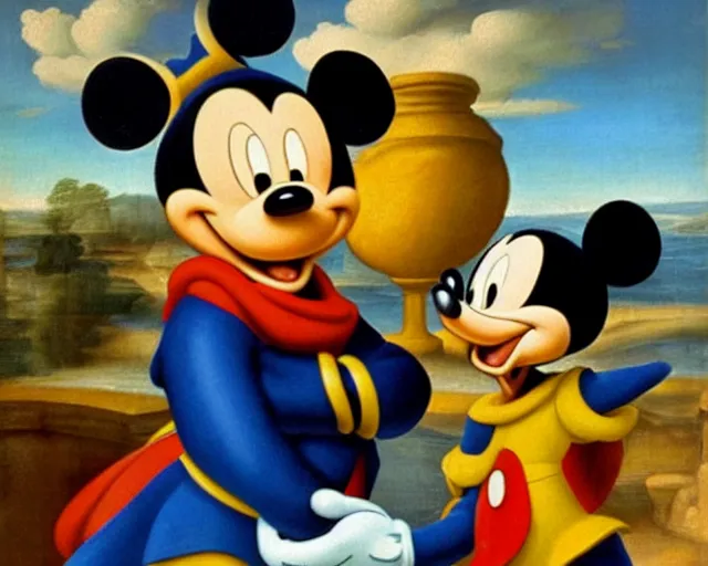 Image similar to renaissance style painting of Mickey Mouse and Donald Duck