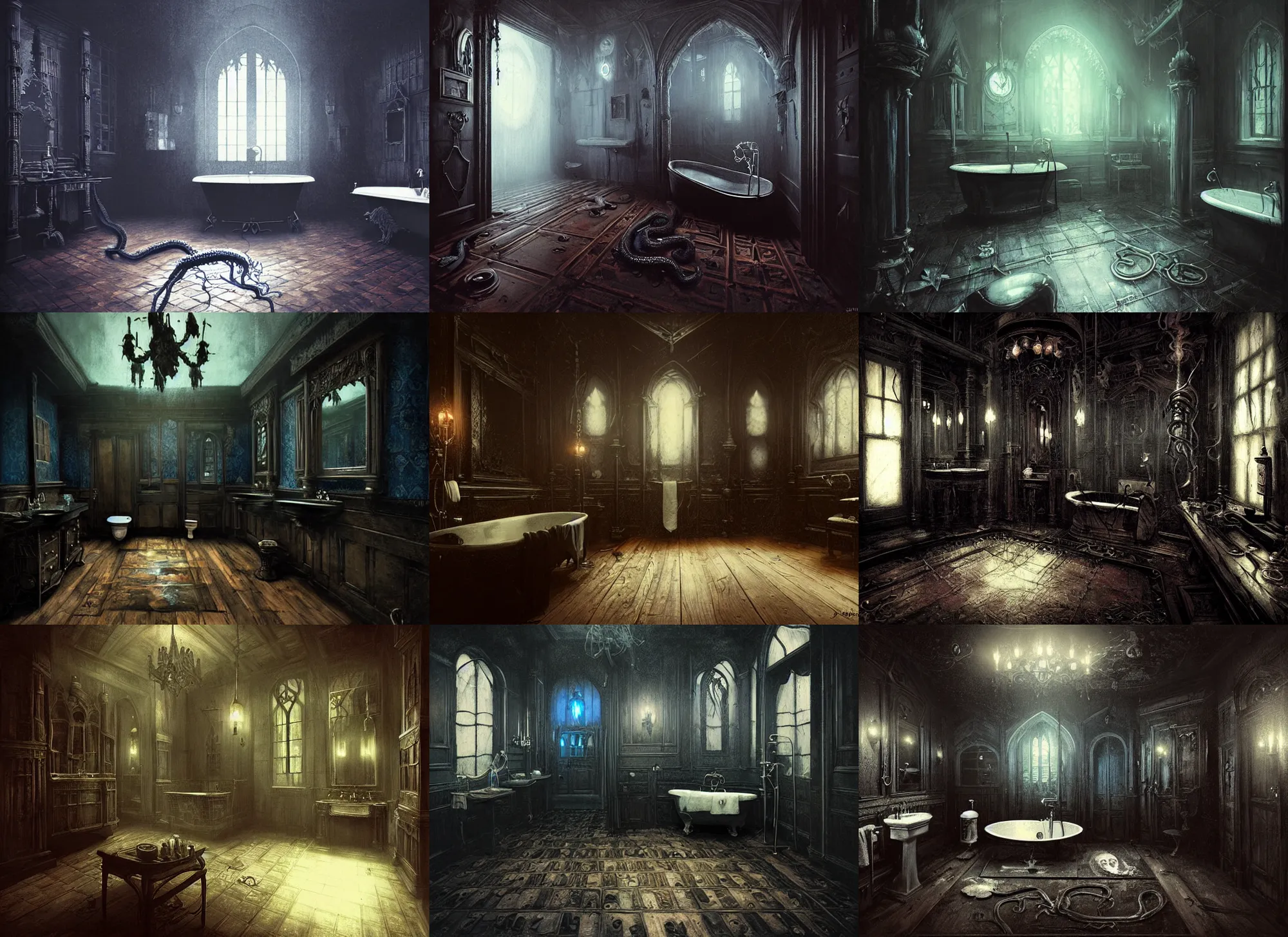 Prompt: gothic mansion bathroom, wooden floor, darkness, evil, creepy, science, 1 9 century, hard atmosphere, lovercraft, insmouth, tentacles, artwork, paint, blue tones, detailed, by bastien lecouffe deharme, by jeremy mann, by alexander fedosav