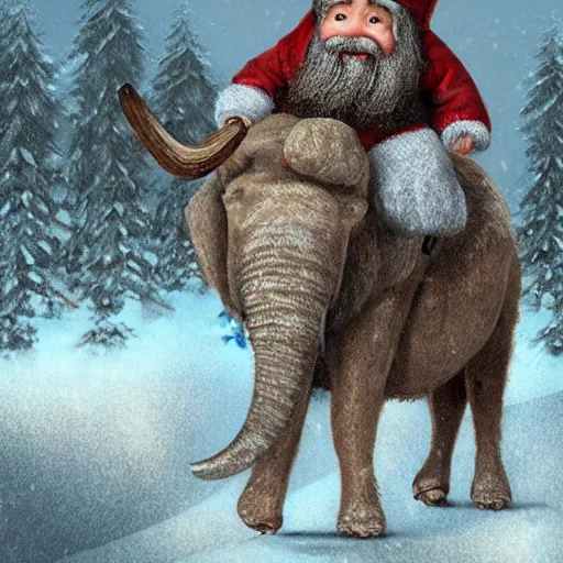 Image similar to A small gnome riding a Mammoth in a snowy landscape, photorealistic