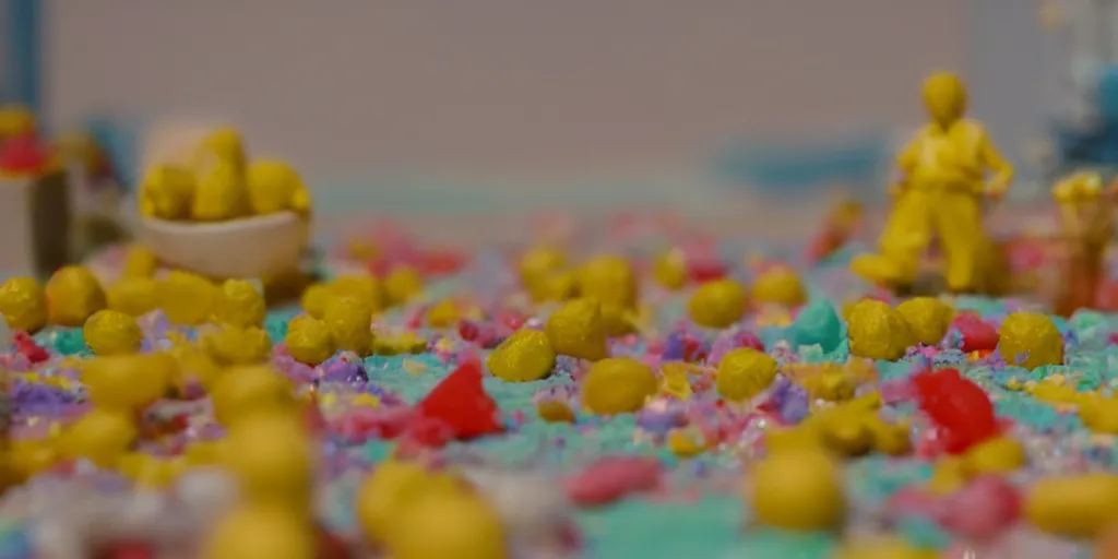 Image similar to a cinematic film still of a claymation stop motion film about a town made of lemons and candy, shallow depth of field, 8 0 mm, f 1. 8