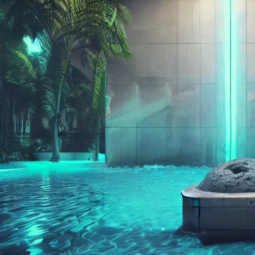 Prompt: a hyperrealistic 3 d render of a crumbling statue in a surreal underground swimming pool surrounded by palm trees and neon lights, vaporwave, unreal engine, octane render, dramatic lighting, volumetric lighting, ultra detailed, photorealistic