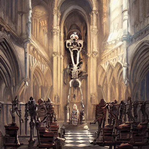 Image similar to Human skeleton, skeleton knight, wearing bandages, majesty in noble clothes, king resting on a throne inside a cathedral, old castle, oil painting, by Fernanda Suarez and Greg Rutkowski