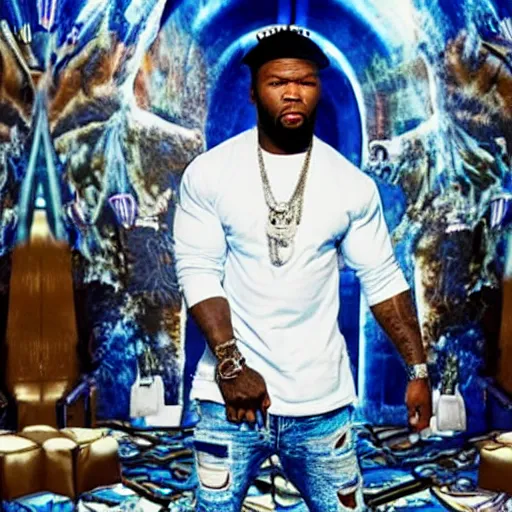 Image similar to 5 0 cent in the music video for playboi carti's meh, blue color palette