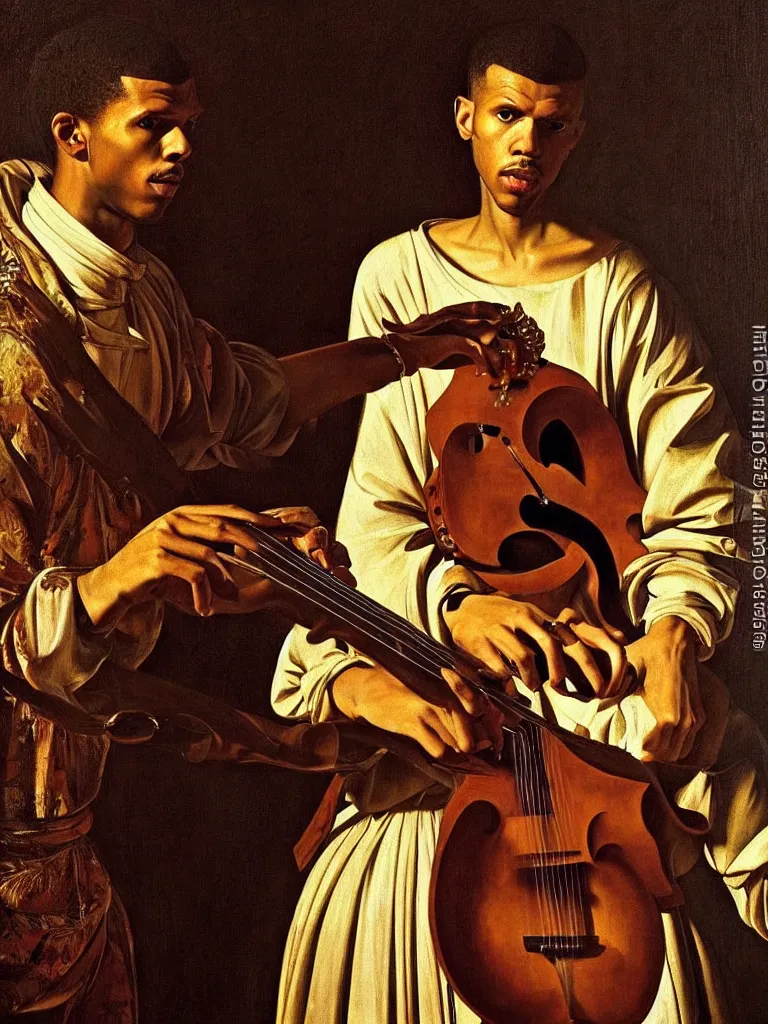 Image similar to a masterpiece portrait of stromae as a bard with a mandolin by caravaggio, epic composition, epic light, exquisite details, dark mood,