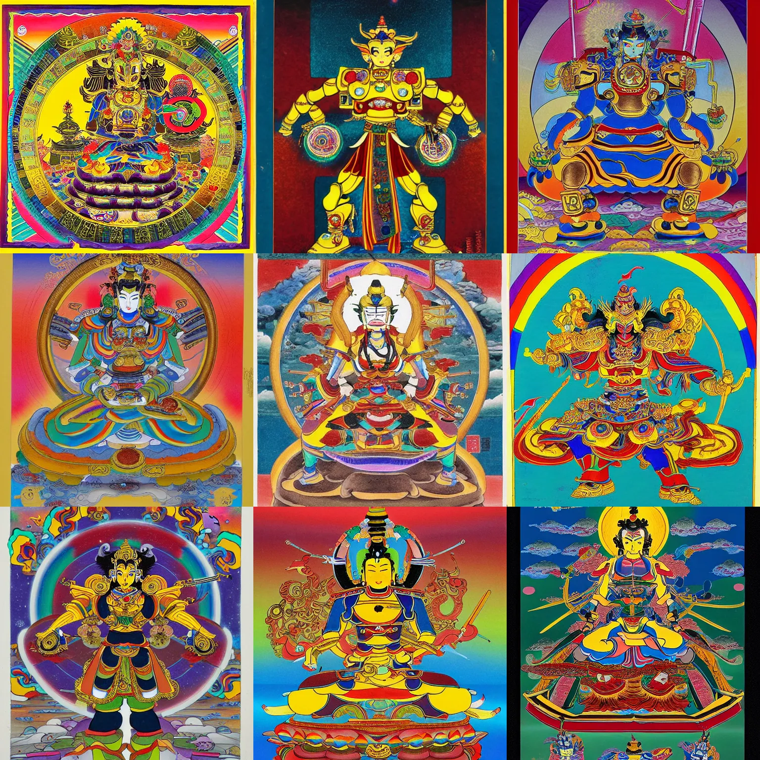 Prompt: tibetan art of a masamune shirow golden mecha boddhisatva. dzogchen rainbow tigle