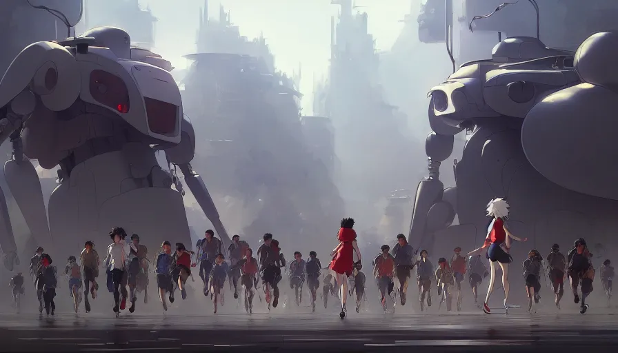 Prompt: marathon with running robots and people, studio ghibli yoshiyuki sadamoto artgerm greg rutkowski makoto shinkai, artstation