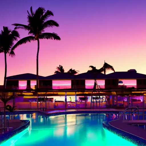 Prompt: motel, swimmingpool, sunset, palms, beach, sunset, vaporwave, pink, blue, green, purple, aesthetic.