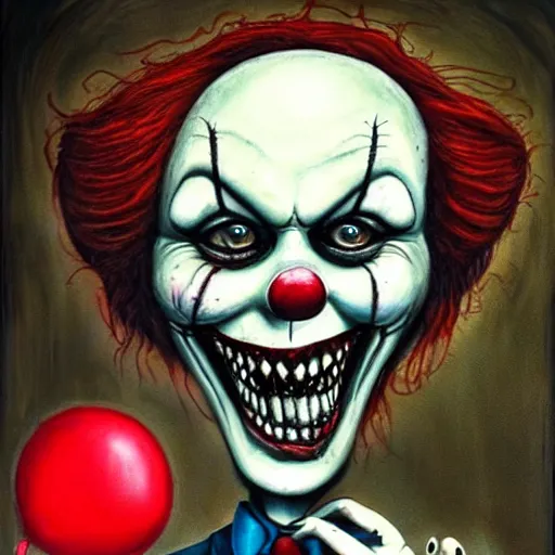 Image similar to grunge painting of creepy pasta with a wide smile and a red balloon by chris leib, loony toons style, pennywise style, corpse bride style, horror theme, detailed, elegant, intricate