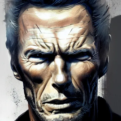 Image similar to symmetrical, close-up, portrait of Clint Eastwood as The Punisher, art by greg rutkowski, matte painting, trending on artstation