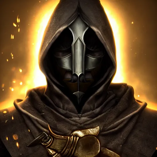 Image similar to a digital art close up portrait of hooded bard with porcelain mask in style of skyrim character, handsome warlock with magic character sheet, 4 k, ultra detail, volumetric lighting, unreal engine, octane render, grimdark