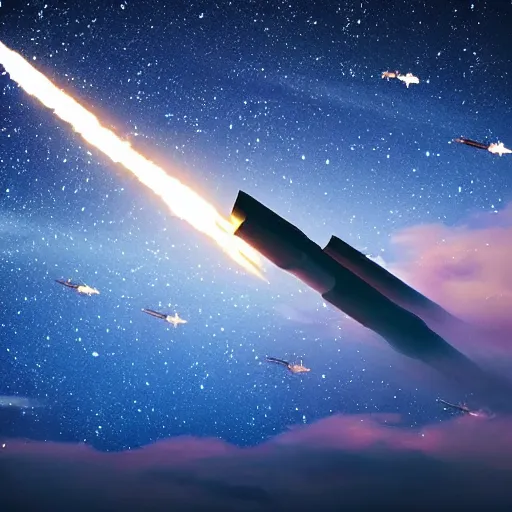 Image similar to Missiles flying through the sky, beautiful, night sky