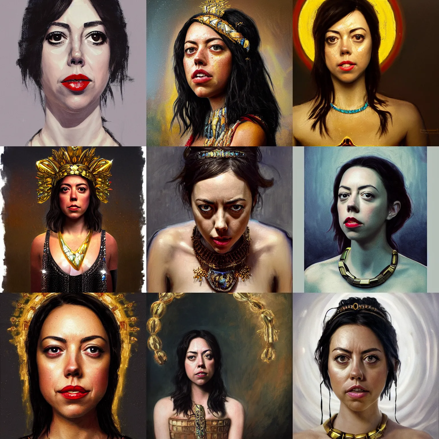 Prompt: aubrey plaza as the goddess of oil. black thick liquid is running out of her eyes and mouth. intricate jewelry, glowing clean 4 k art trending on artstation by monet, rembrandt, oil painting, digital