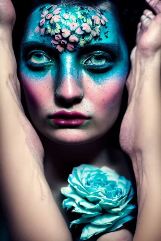 Image similar to neo-surrealist hyper detailed close-up portrait of woman covered in rococo flower tattoos matte painting concept art key sage very dramatic dark teal lighting low angle hd 35mm shallow depth of field 8k