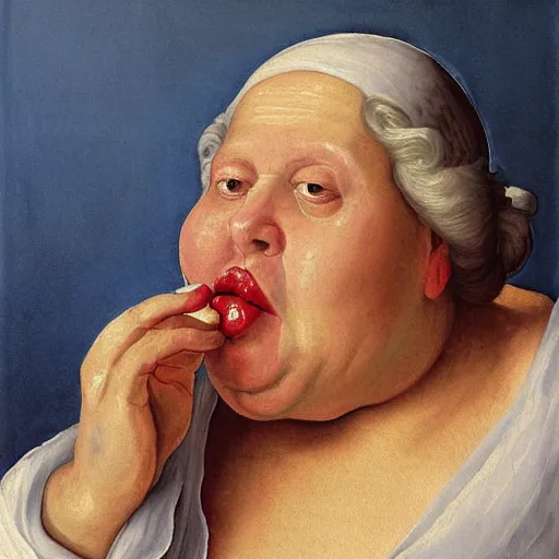 Prompt: of a very funny renaissance style oil painting of a sweet fat old woman kissing herself. symmetrical face, red mouth, blue eyes. a flowered dress. a hyper - realistic scene. 3 d, octane processing, deep focus, white scene. a very funny and sweet picture. unreal engine. watercolor. fellini cinematic style. poster quality. freud painting style.