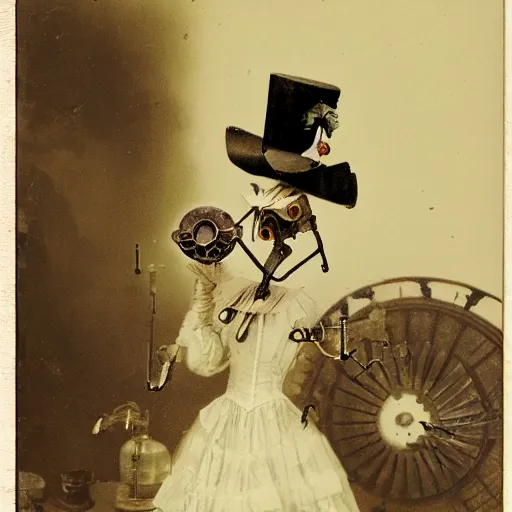 Prompt: an antique photograph of a bio-mechanical clockwork crow wearing a top hat with a painting of a female pigeon behind him, by Yuumei, Trending on Artstation, CG Society