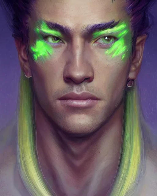 Image similar to '' Face portrait of a handsome fighter, reptile skin, reptile eyes, long neon lime hair with a ponytail , fantasy, high detail, 4k , digital painting, artstation, concept art, sharp focus, illustration, art by greg rutkowski and alphonse mucha ''