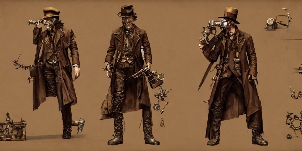 Image similar to steampunk Tom Waits design, character sheet, 3d render, Greg Rutkowski, Zabrocki, Karlkka, Jayison Devadas, Phuoc Quan, trending on Artstation, 8K, ultra wide angle, zenith view, pincushion lens effect