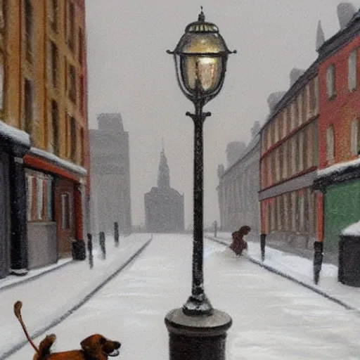 Image similar to painting of a snowy london street scene, and a dog with its tongue stuck to a lamp post