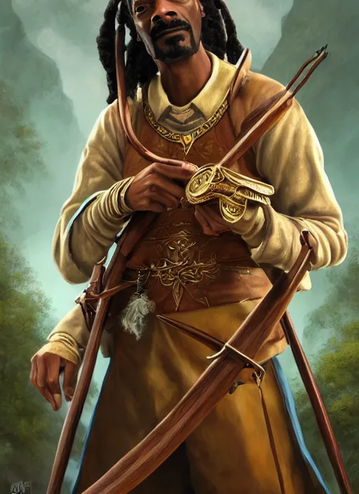 Image similar to snoop dogg as an archer, short beard, grumpy, Ivan Aivakovsky, Boris Vallejo, epic fantasy character art, D&D Concept Art, magic the gathering art, full length, ultra Realistic, Regal, Refined, Detailed Digital Art, Exquisite detail, post-processing, masterpiece, Cinematic Lighting, Unreal Engine, 8k, HD