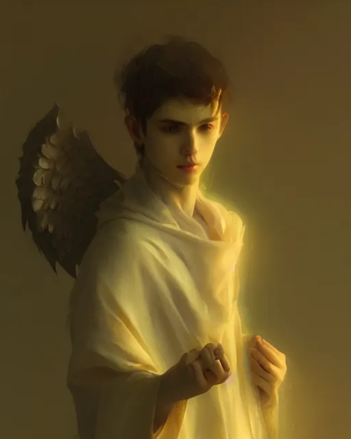 Prompt: young male angel by ruan jia, artstation, volumetric lighting, perfect, high detail