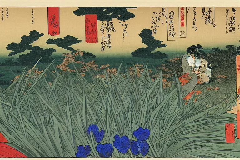 Image similar to an amazing ukiyo - e drawing of a scene with irises by katsushika hokusai, utagawa kuniyoshi and utagawa hiroshige and van gogh, masterpiece, hyperdetailed!!!, intricate, complex, closeup, 4 k