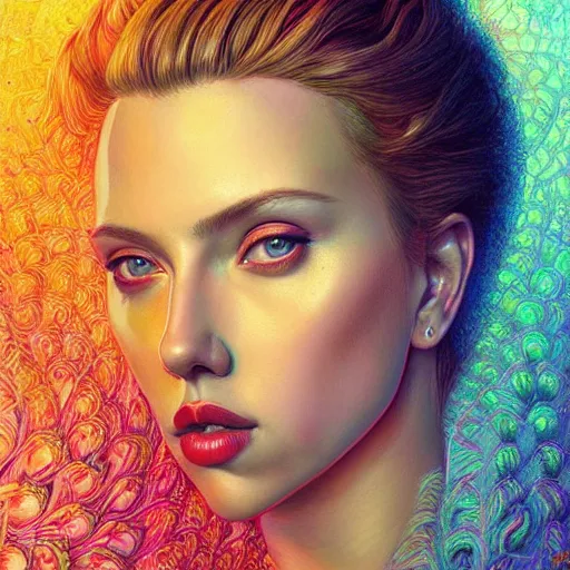 Prompt: portrait of scarlett johansson, hyper detailed masterpiece, neon floral pattern, jean giraud, digital art painting, darkwave goth aesthetic, psychedelic, artgerm, donato giancola and tom bagshaw