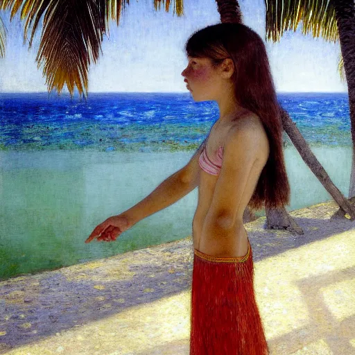 Image similar to a ultradetailed beautiful painting of a girl in the amazonas palace designed by jules bastien - lepage, hans belmer, frank weston and gustave baumann, beach, trending on artstation, mediterranean, palm trees, refracted color sparkles, sharp focus, soft light, 8 k 4 k