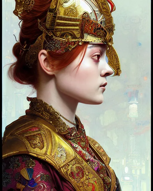 Prompt: portrait of a turkish masculine female sadie sink cyberpunk machine, machine face, upper half portrait, decorated with ottoman opera motifs, muscular, asian, fine china, wuxia, traditional chinese art, intricate intense elegant, highly detailed symmetry headpiece digital painting artstation concept art smooth sharp focus illustration, art by artgerm and greg rutkowski alphonse mucha 8 k