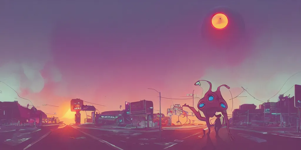 Image similar to Portrait using the Rule of Thirds,alien frogs, focusing on an alien frog invasion, the sun is exploding, Portrait, Very Cloudy Sky, Sun, Neon Lights, Rule of Thirds, perspective, Retrofuturism, Studio Ghibli, Simon Stålenhag