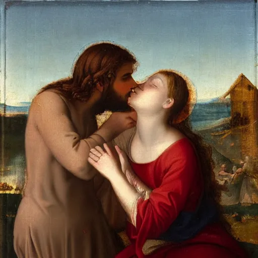 Image similar to an oil panting of a young jesus kissing maria maddalena