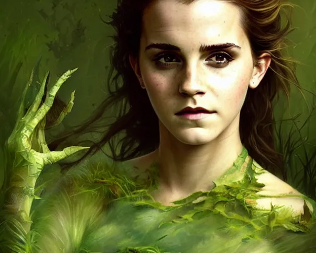 Image similar to mindblowing portrait of emma watson as a swamp witch, green colored skin, deep focus, d & d, fantasy, intricate, elegant, highly detailed, digital painting, artstation, concept art, matte, sharp, illustration, hearthstone, art by artgerm and greg rutkowski and alphonse mucha