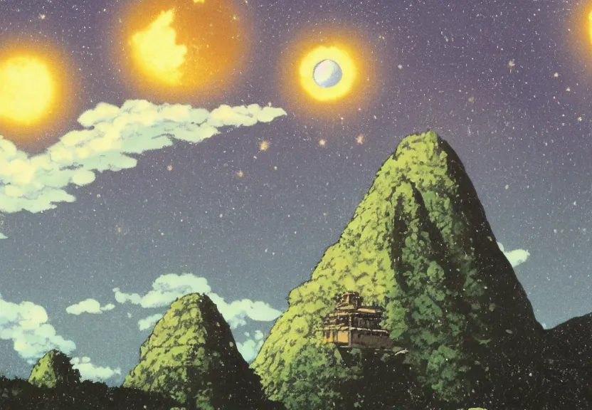 Image similar to a still from a studio ghibli film showing one giant grey ufo. in the background is machu pichu on a misty and starry night. by studio ghibli. very dull muted colors