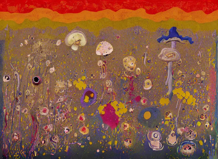 Image similar to expressionistic decollage painting golden armor alien zombie horseman riding on a crystal bone dragon broken rainbow diamond maggot horse in a blossoming meadow full of colorful mushrooms and golden foil toad blobs in a golden sunset, distant forest horizon, painted by Mark Rothko, Helen Frankenthaler, Danny Fox and Hilma af Klint, pixelated, semiabstract, color field painting, byzantine art, microsoft paint art, pop art look, naive, outsider art. Bekinski painting, part by Philip Guston and George Condo, art by Adrian Ghenie, 8k, extreme detail, intricate detail, masterpiece
