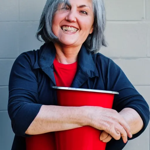 Prompt: a middle aged woman, long grey hair, red shirt, carrying a bucket.