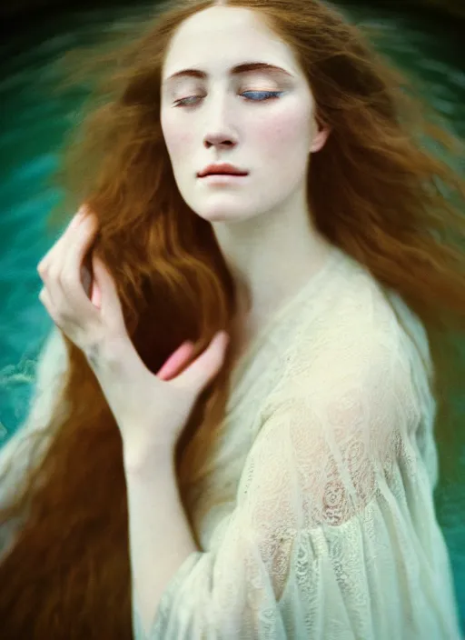 Image similar to Kodak Portra 400, 8K, soft light, volumetric lighting, highly detailed, sharp focus,britt marling style 3/4, Close-up portrait photography of a beautiful woman how pre-Raphaelites a woman with her eyes closed is surrounded by water , face is surrounded by Water Circle. she has a beautiful lace dress and hair are intricate with highly detailed realistic beautiful flowers , Realistic, Refined, Highly Detailed, natural outdoor soft pastel lighting colors scheme, outdoor fine art photography, Hyper realistic, photo realistic