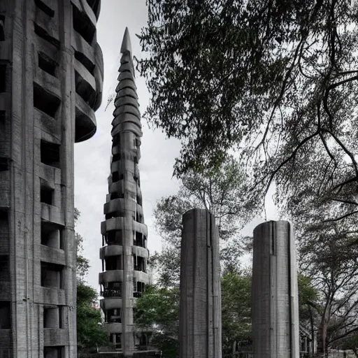 Image similar to a sci - fi beautiful brutalist hypermodern monument, with many rounded brutalist towers sprouting from the base tower creating a feel of a tree - like structure, photography