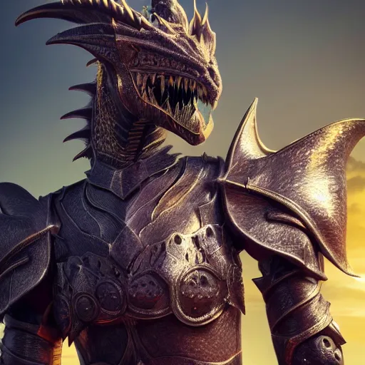 Image similar to highly detailed realistic stunning close up shot of a beautiful anthropomorphic female knight but as a dragon, doing a hot majestic pose, well designed female dragon head, armor made of steel, sharp claws, HD octane render, epic cinematography, fantasy, Artstation, Deviantart, Furaffinity