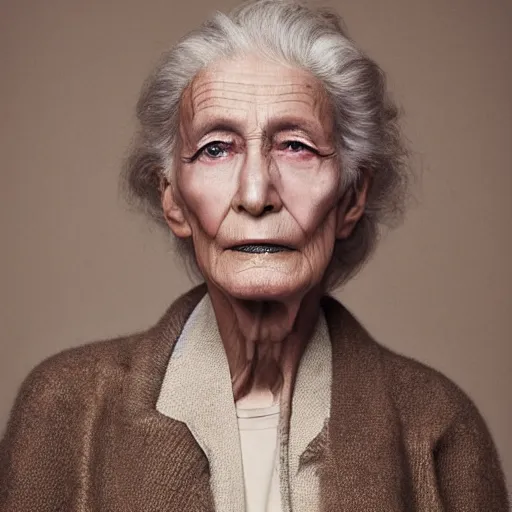 Image similar to a muted colors natural make-up portrait Photograph of an elderly model, editorial story, Vogue Italy, editorial photography