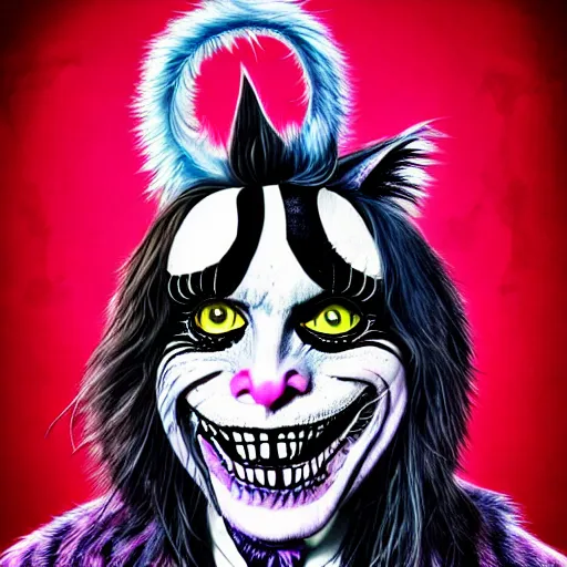 Image similar to graphic illustration, creative design, alice cooper as cheshire cat, biopunk, francis bacon, highly detailed, hunter s thompson, concept art