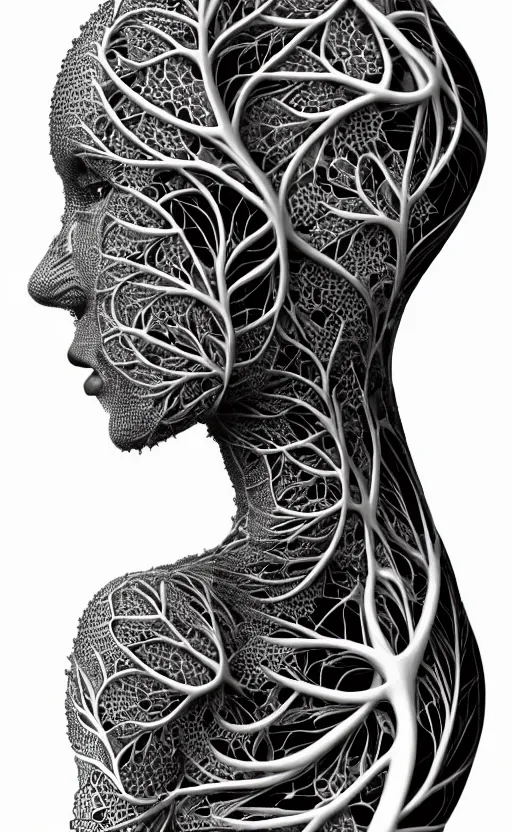 Image similar to a black and white 3D render of a beautiful profile face portrait of a female vegetal-dragon-cyborg, 150 mm, orchid stems, ivy, fine vegetal lace, Mandelbrot fractal, anatomical, flesh, facial muscles, microchip, veins, arteries, full frame, microscopic, elegant, highly detailed, flesh ornate, elegant, high fashion, rim light, octane render in the style of H.R. Giger