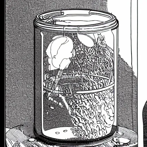 Image similar to a whole civilisation developed inside a jar. Highky detailed illustration Moebius