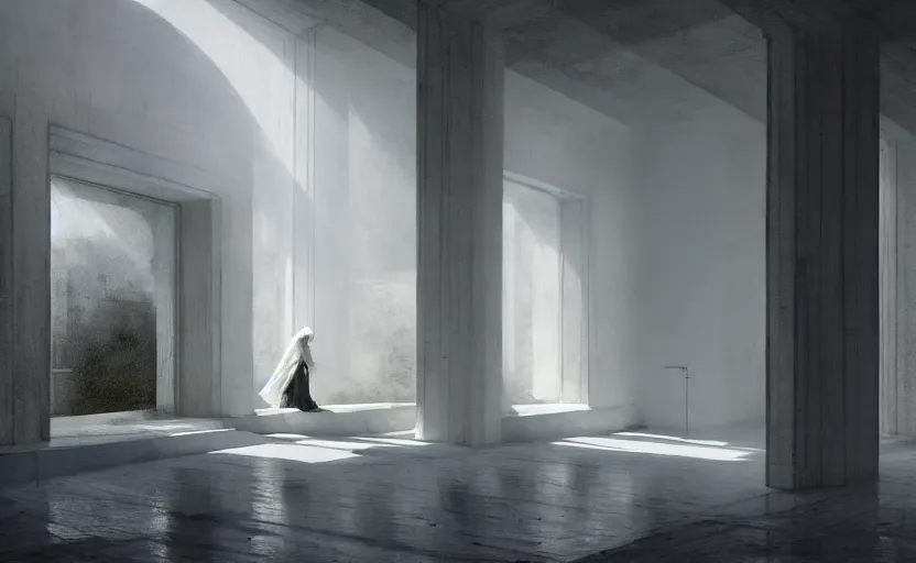 Image similar to painting of a white architecture by peter zumthor painted by greg ruthkowski and craig mullins, cinematic and atmospheric lighting, archviz, archdaily, vray, render