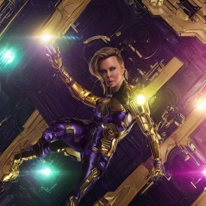 Image similar to (The Infinity Gauntlet), Charlize Theron, intricate artwork. octane render, trending on artstation, very coherent symmetrical artwork. avengers. thanos. cinematic, hyper realism, high detail, octane render, 8k, iridescent accents