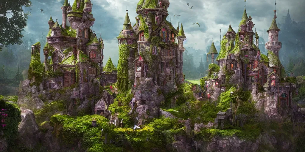 Image similar to a fairy castle, extremely detailed, unreal 5 render, fantasy digital art, octane render, beautiful composition, trending on artstation, award-winning photograph, masterpiece