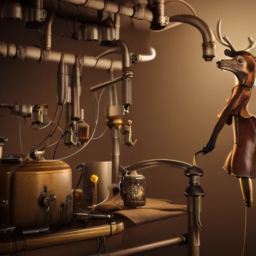 Prompt: 3D photorealistic render of a steampunk taxidermist, connected trough wired, on a advanced lab, octane render, 4k, unreal 5, very detailed, trending on artstation