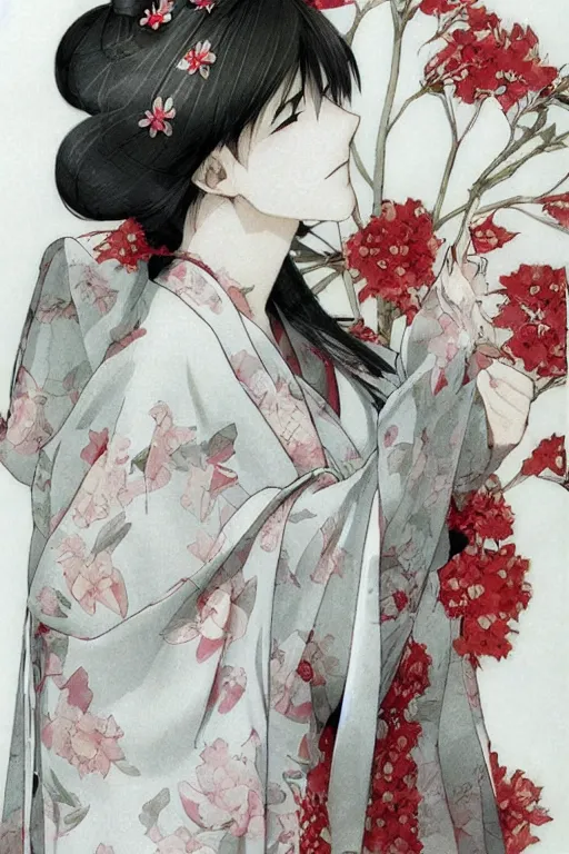 Prompt: beautiful girl, silver hair, white kimono with complex red flower patterns, full body, looking to camera, showing her shoulder (from back), ilustration by ((Takehiko Inoue)) ((and Krenz Cushart))