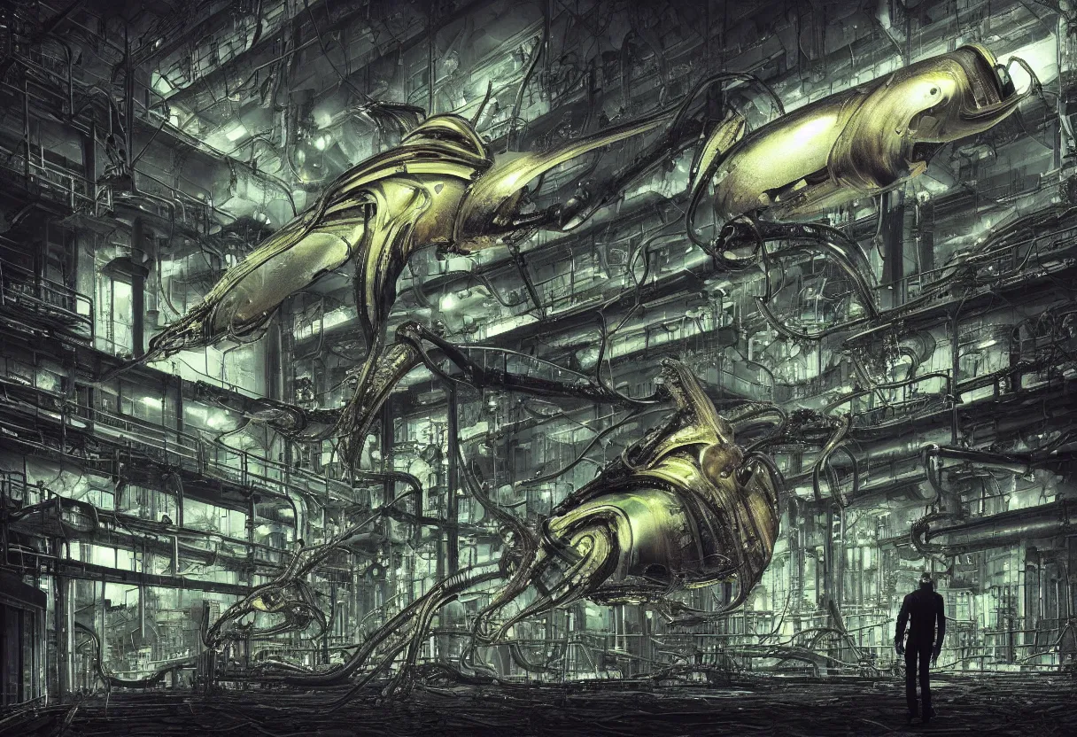 Prompt: a giant gleaming cuttlefish in the foreground in front of a massive rusty brutalist industrial plant, glowing windows, biomechanical, biopunk, nighttime, low key, dark, gloomy, hazy, spotlights, leds, dramatic lighting, watch tower, helicopter, vignette, art by hr giger, digital art