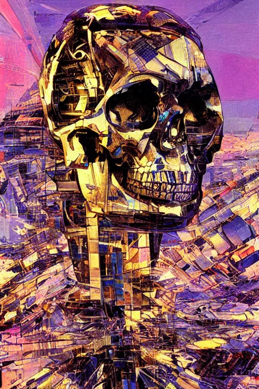 Image similar to wideangle, a portrait of a shattered cybernetic metal skull, lost in tensor fields, madness, decoherence, synthwave, glitch!!, fracture, realistic, hyperdetailed, concept art, golden hour, art by syd mead, cubism